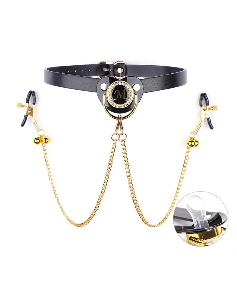 Bâillon-Tétine avec Pince-tétons Keepsum Noir-Doré sextoys et accessoires sur La Boutique du Hard