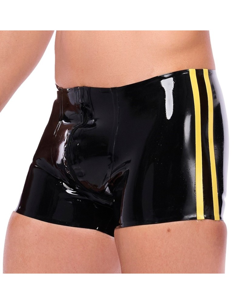 Short en latex Xrub Avec Zip Avant/Arrière Noir-Jaune sextoys et accessoires sur La Boutique du Hard